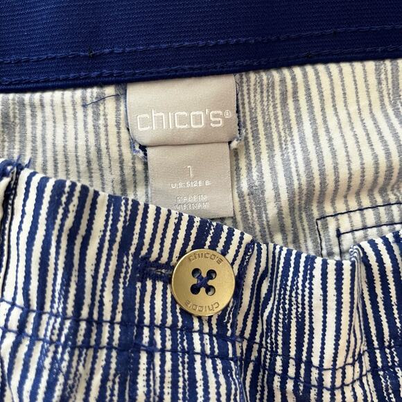 Chicos Capri Size 1 US 8 Stretch Denim Blue White Wavy Stripe - Picture 3 of 10